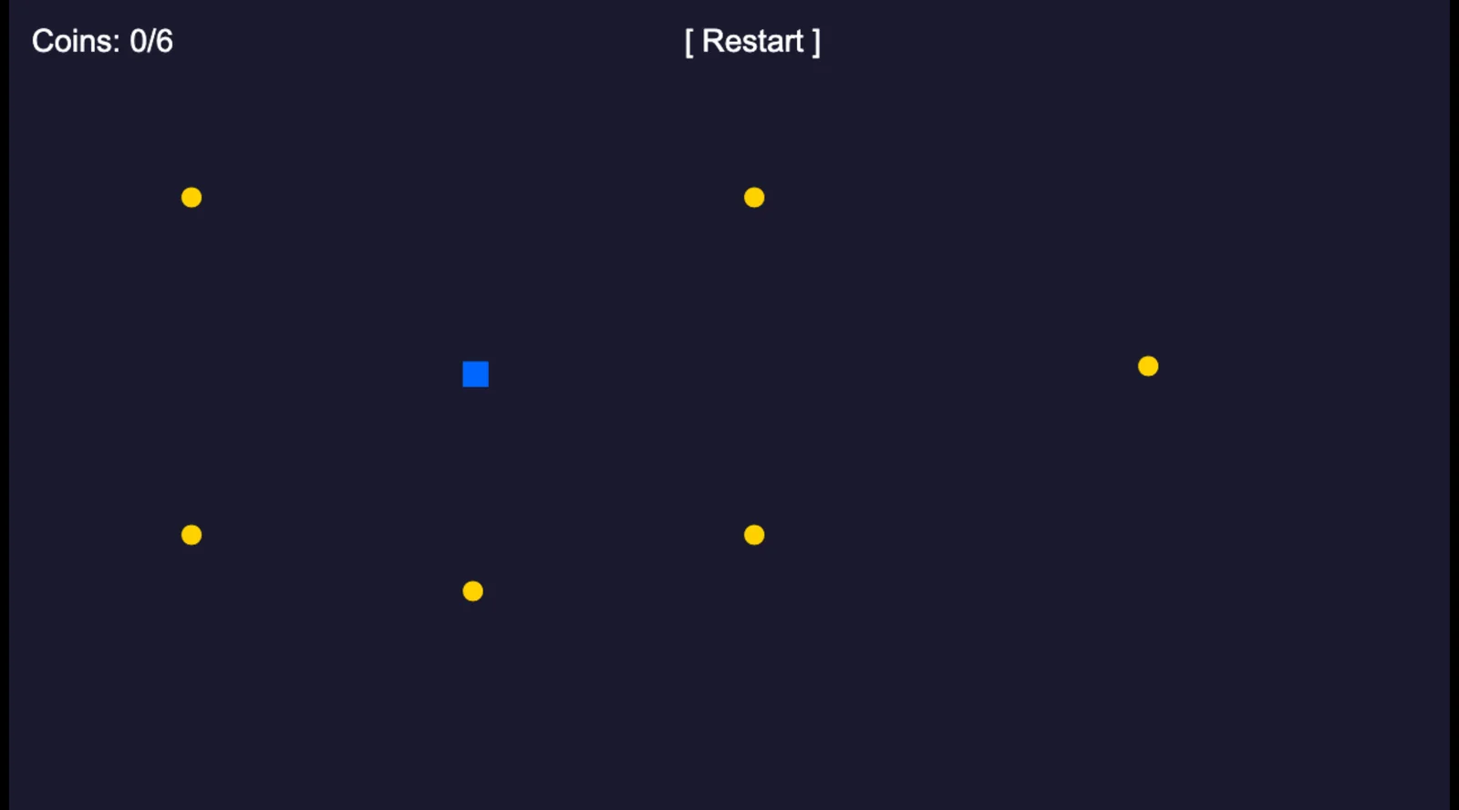 Revised GDevelop preview showing six yellow coins, a blue player and Coins 0/6
