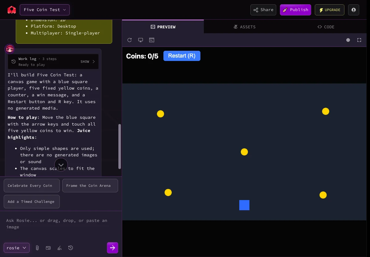 First generated preview of the Rosebud five-coin experiment