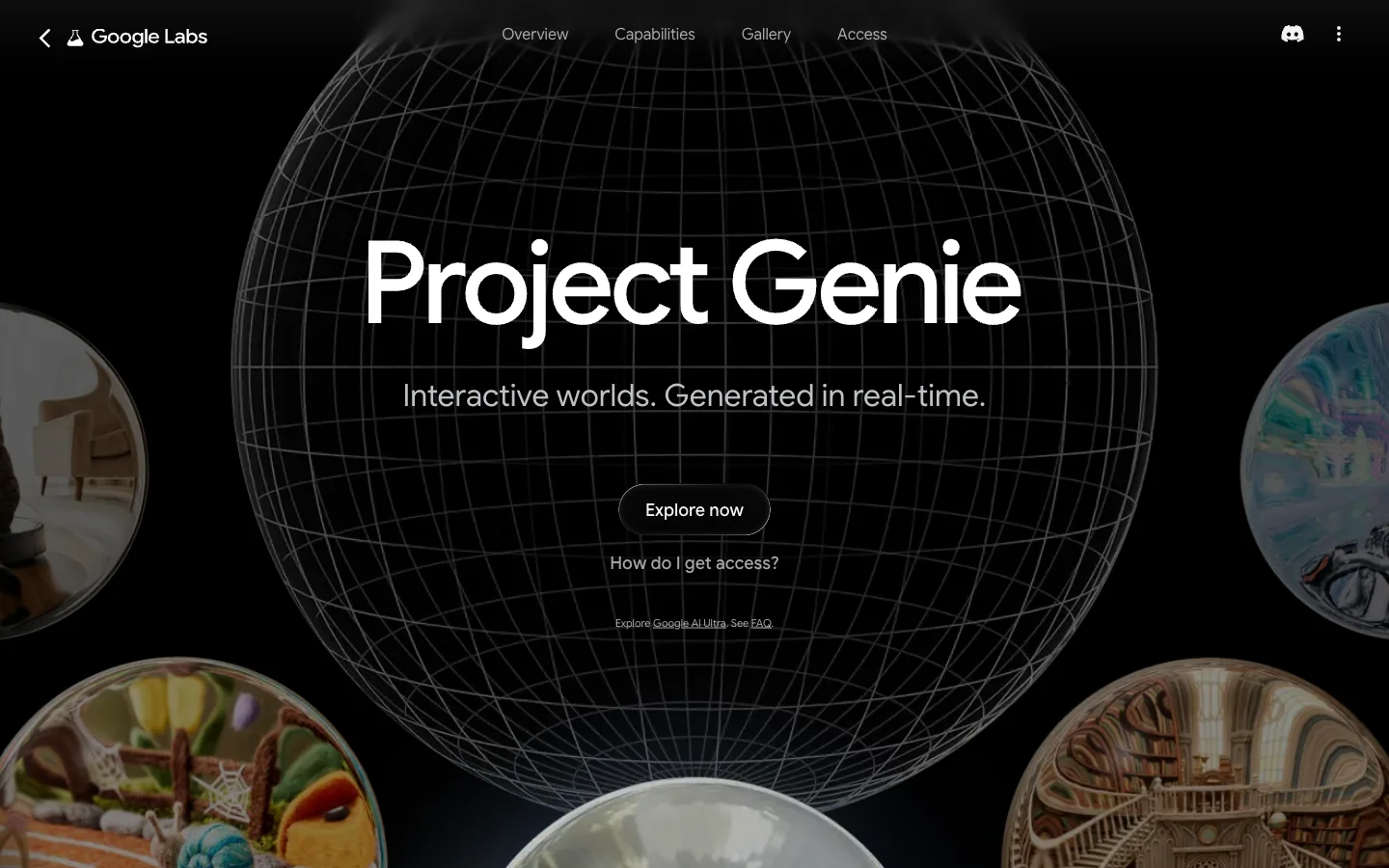 Google's Project Genie public page showing provider examples of interactive worlds
